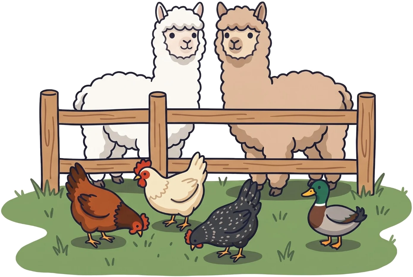 Drie kippen en een eend op het gras, met twee alpaca's achter een hek