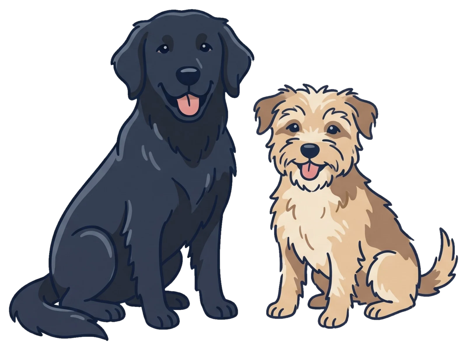 Een zwarte retriever en een kleine terriër naast elkaar