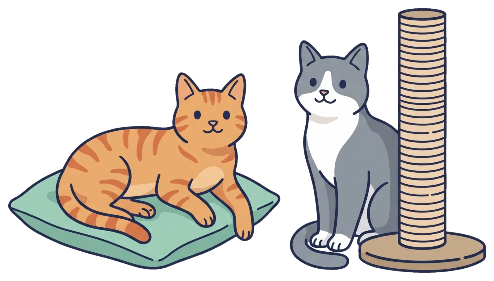 Een rode kat op een kussen en een grijs-witte kat bij een krabpaal