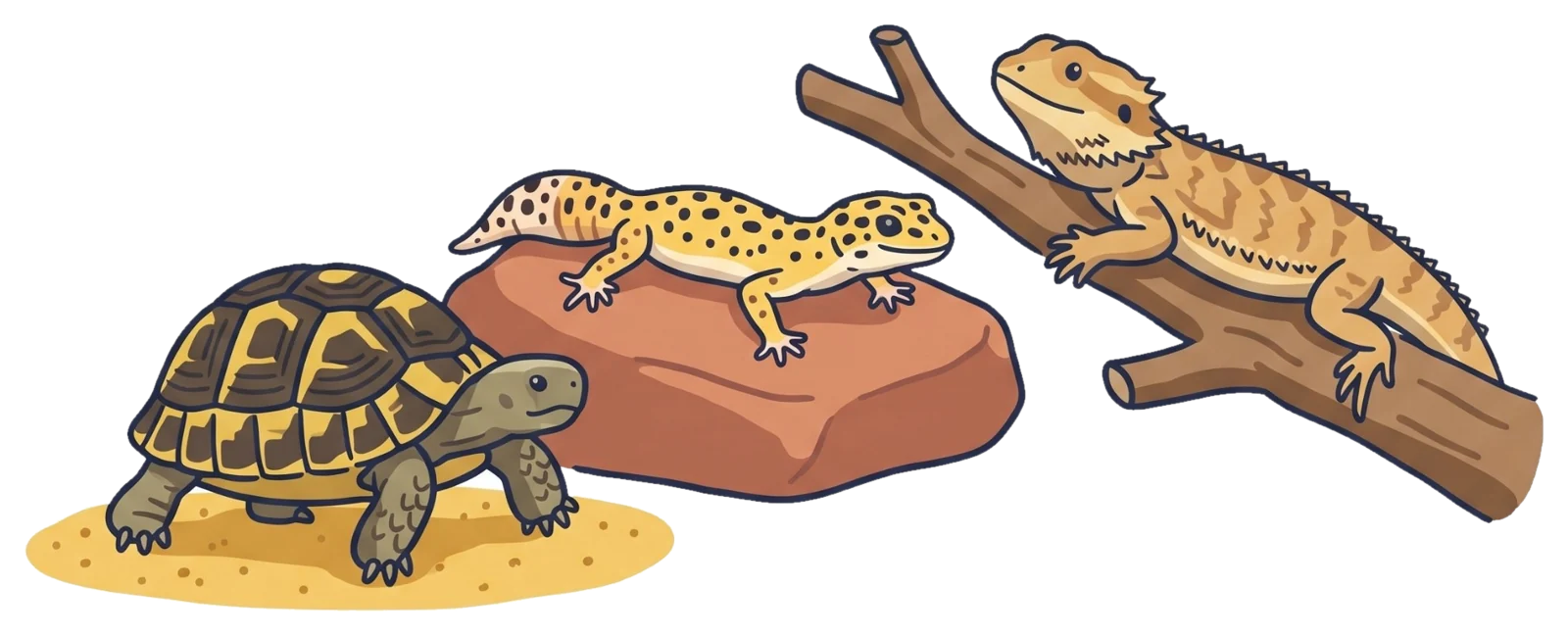 Een landschildpad, een luipaardgekko op een steen en een baardagaam op een tak