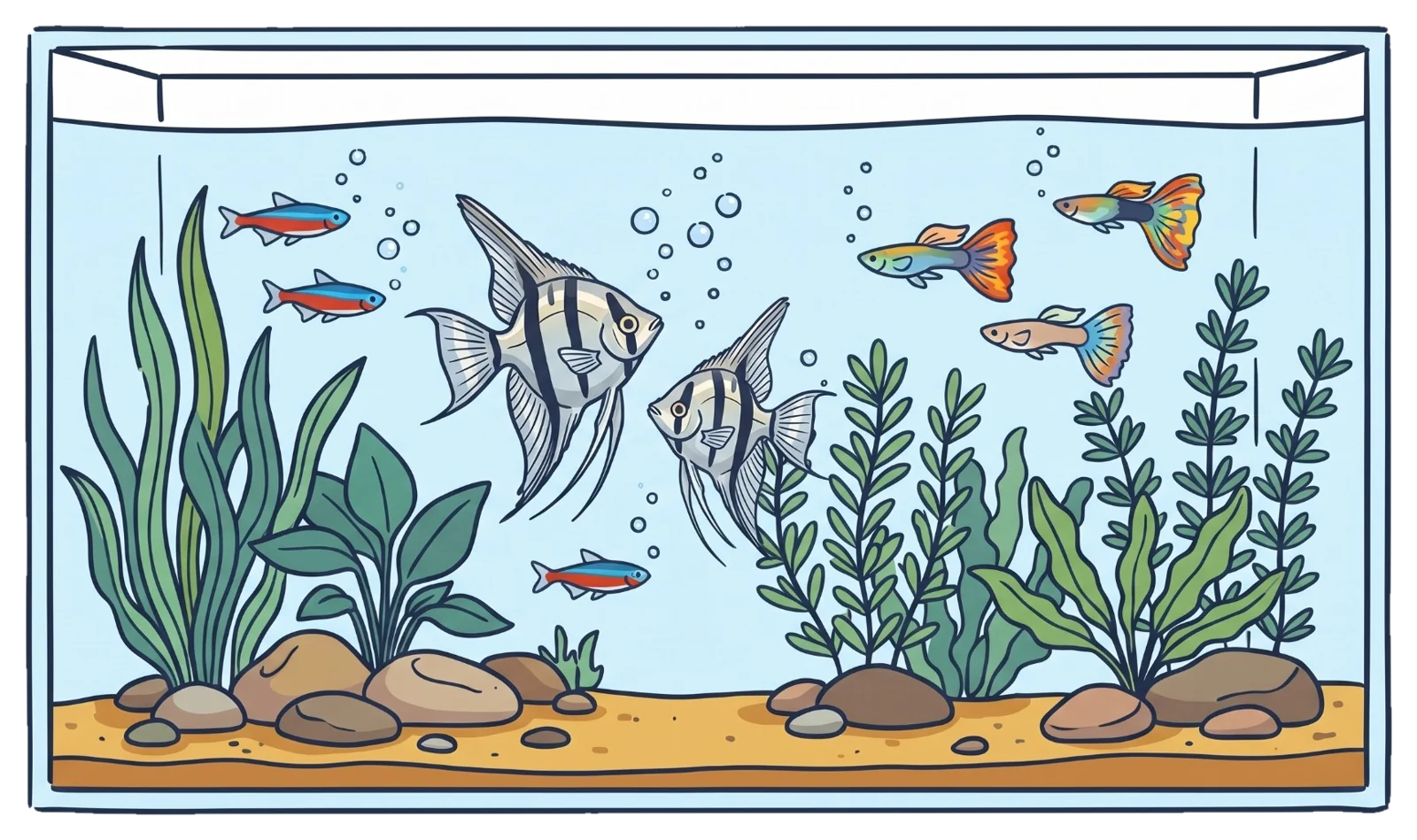 Een beplant tropisch aquarium met neons, guppy's en twee maanvissen