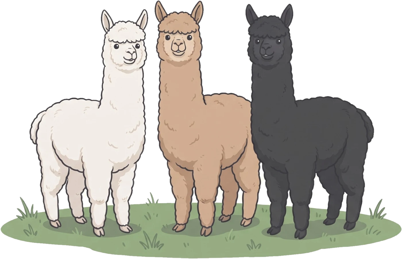 Drie alpaca’s in het gras: een witte, een bruine en een zwarte