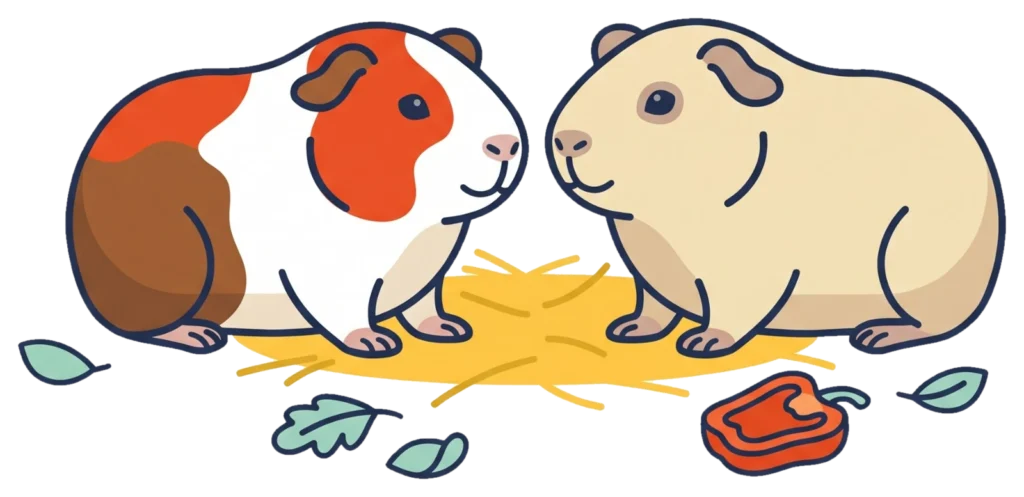 Twee cavia's, een driekleurige en een crèmekleurige, zitten tegenover elkaar op hooi met blaadjes en paprika