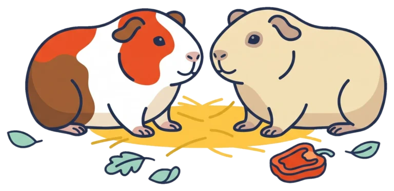 Twee cavia's, een driekleurige en een crèmekleurige, zitten tegenover elkaar op hooi met blaadjes en paprika