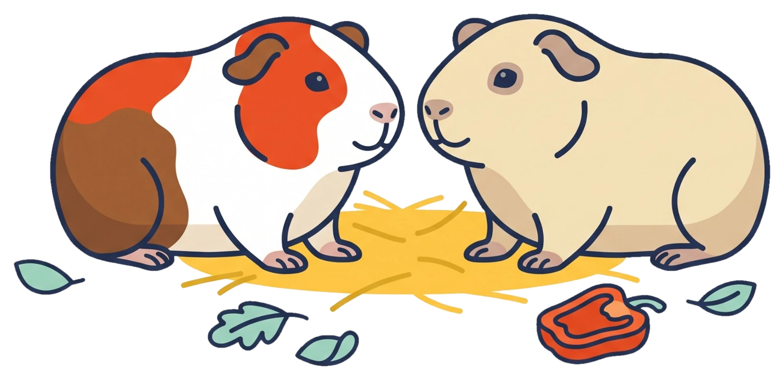 Twee cavia's, een driekleurige en een crèmekleurige, zitten tegenover elkaar op hooi met blaadjes en paprika