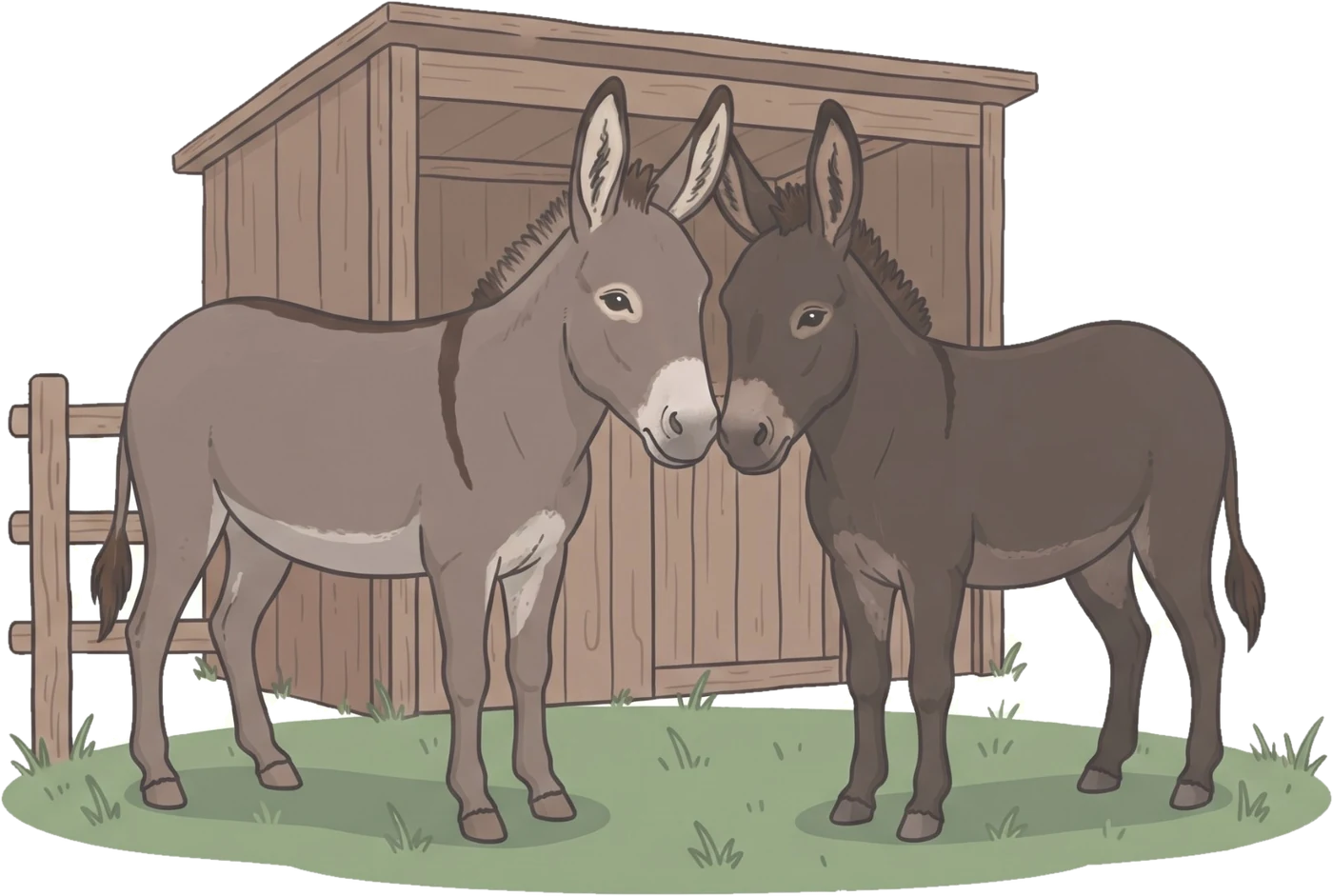 Twee ezels met lange oren voor een houten stal