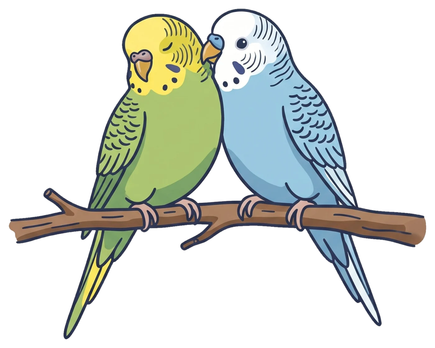 Twee grasparkieten op een tak, de blauwe poetst de groene