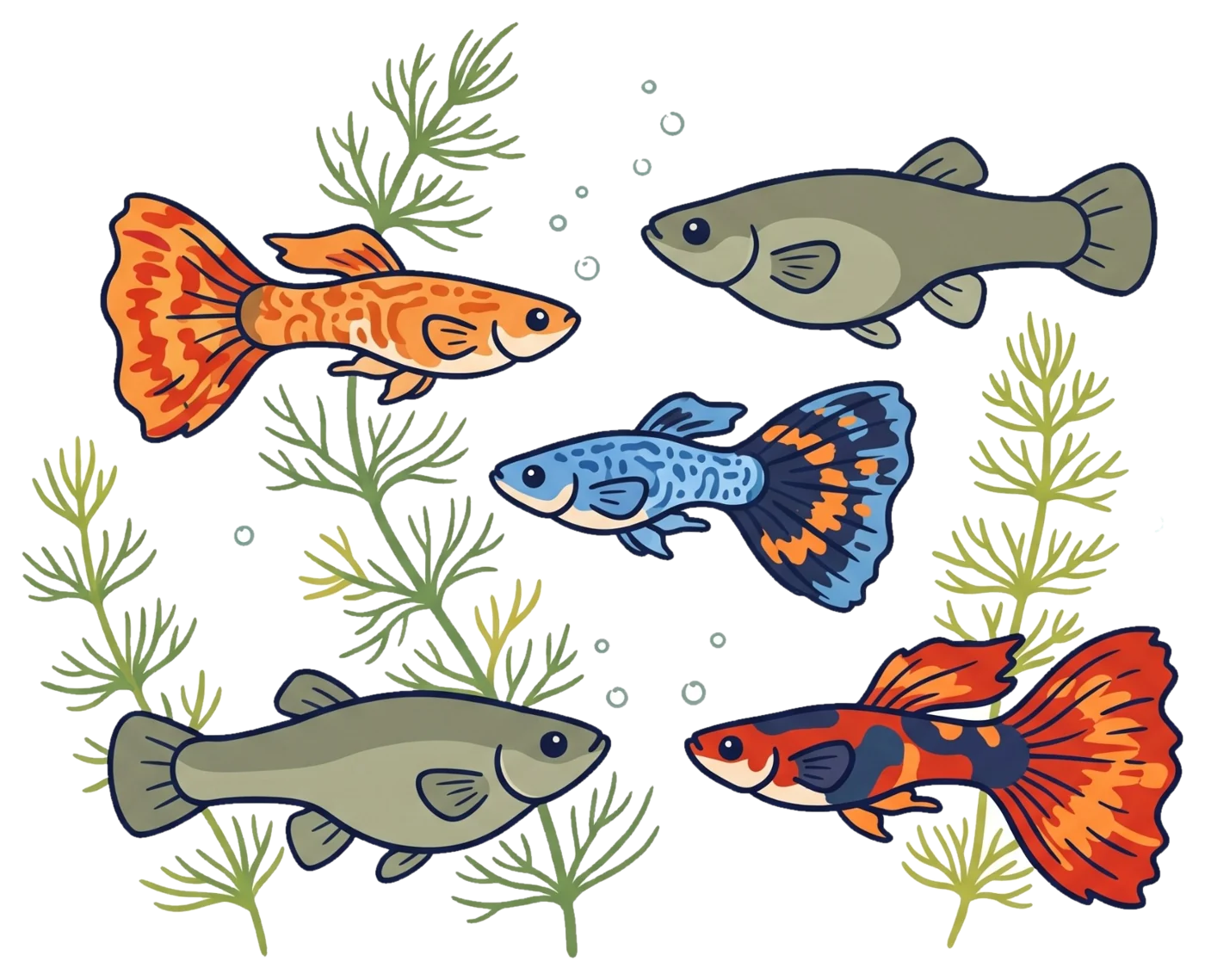 Kleurrijke guppymannetjes en twee grijze vrouwtjes tussen waterplanten
