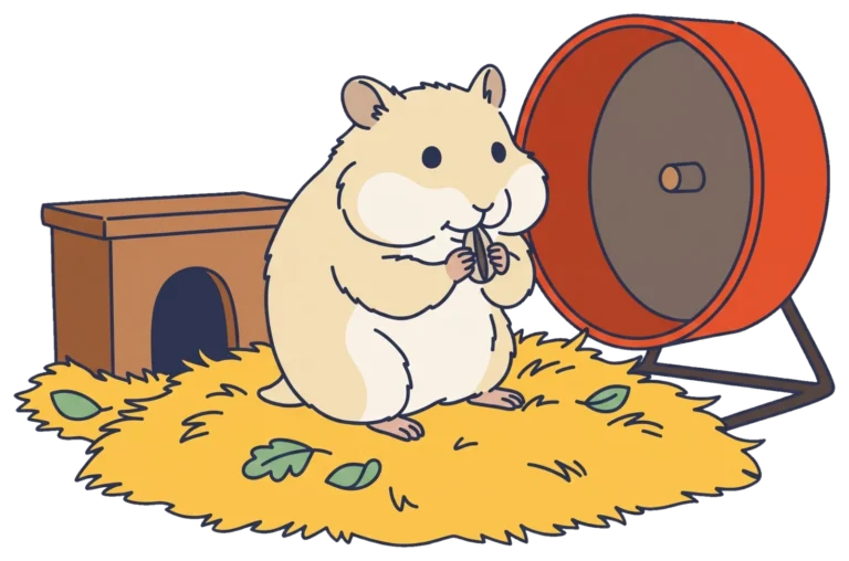 Een hamster eet een zonnebloempit naast een huisje en een groot loopwiel
