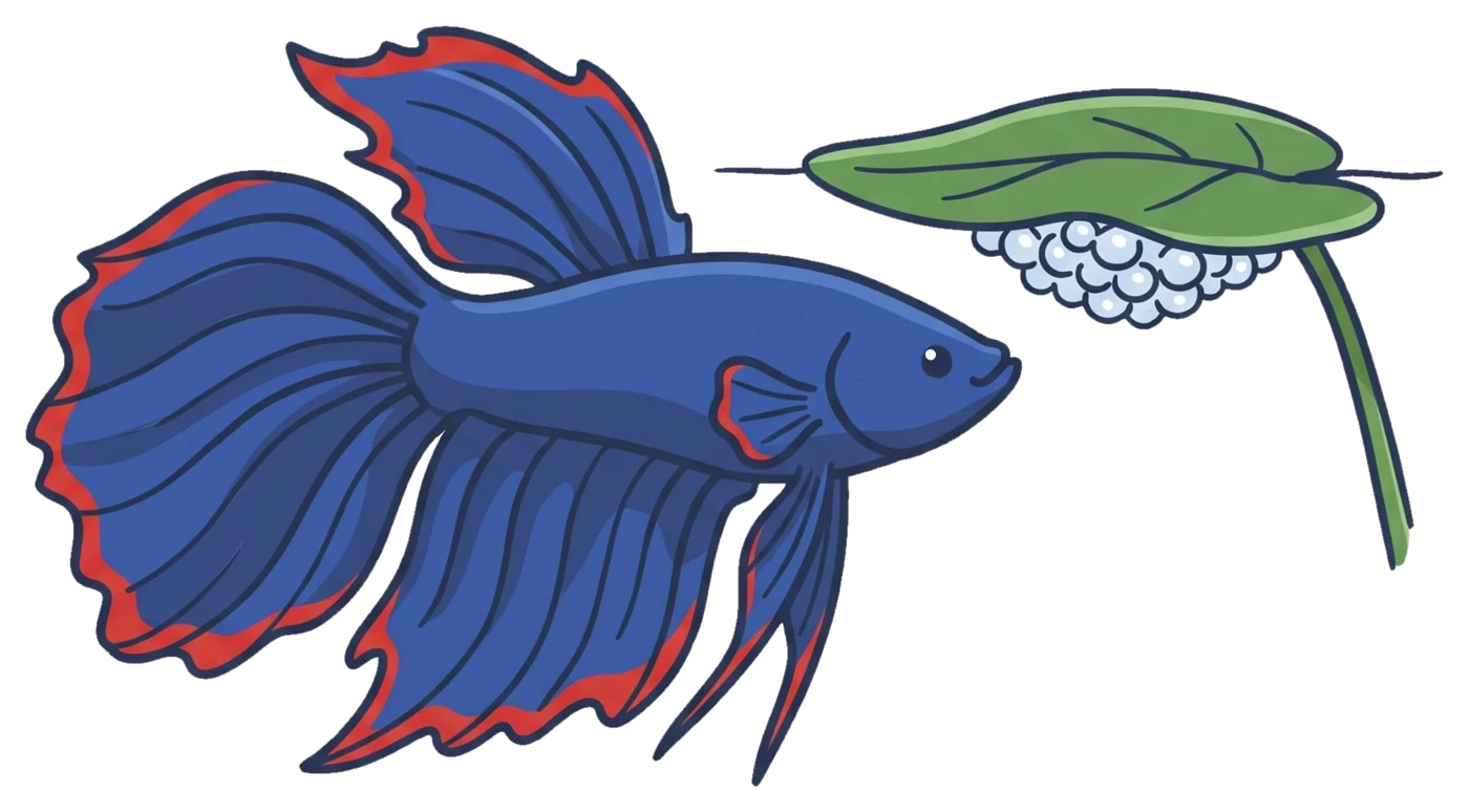 Een blauwe kempvis bij zijn schuimnest onder een blad
