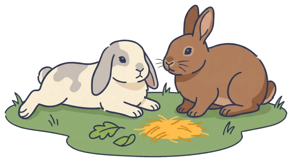 Een liggend hangoorkonijn en een zittend bruin konijn op gras met hooi en blaadjes