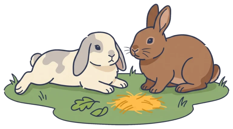 Een liggend hangoorkonijn en een zittend bruin konijn op gras met hooi en blaadjes