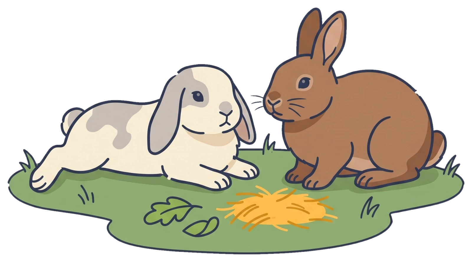Een liggend hangoorkonijn en een zittend bruin konijn op gras met hooi en blaadjes