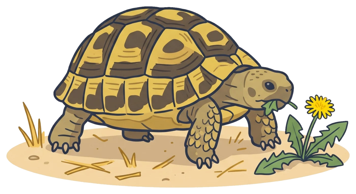 Een Griekse landschildpad die aan een paardenbloem eet
