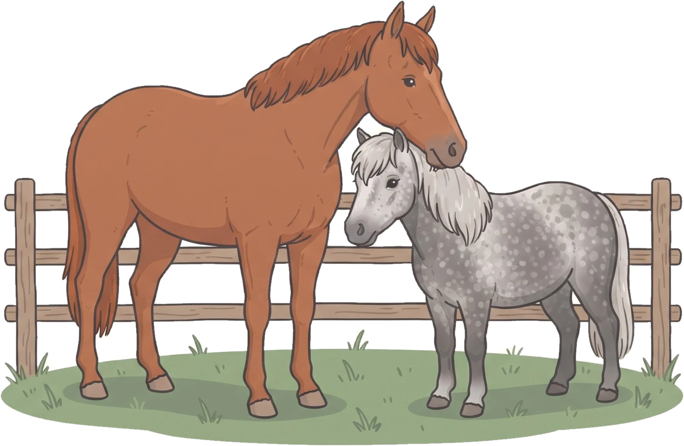 Een vos paard en een appelschimmelpony die elkaar begroeten bij een hek