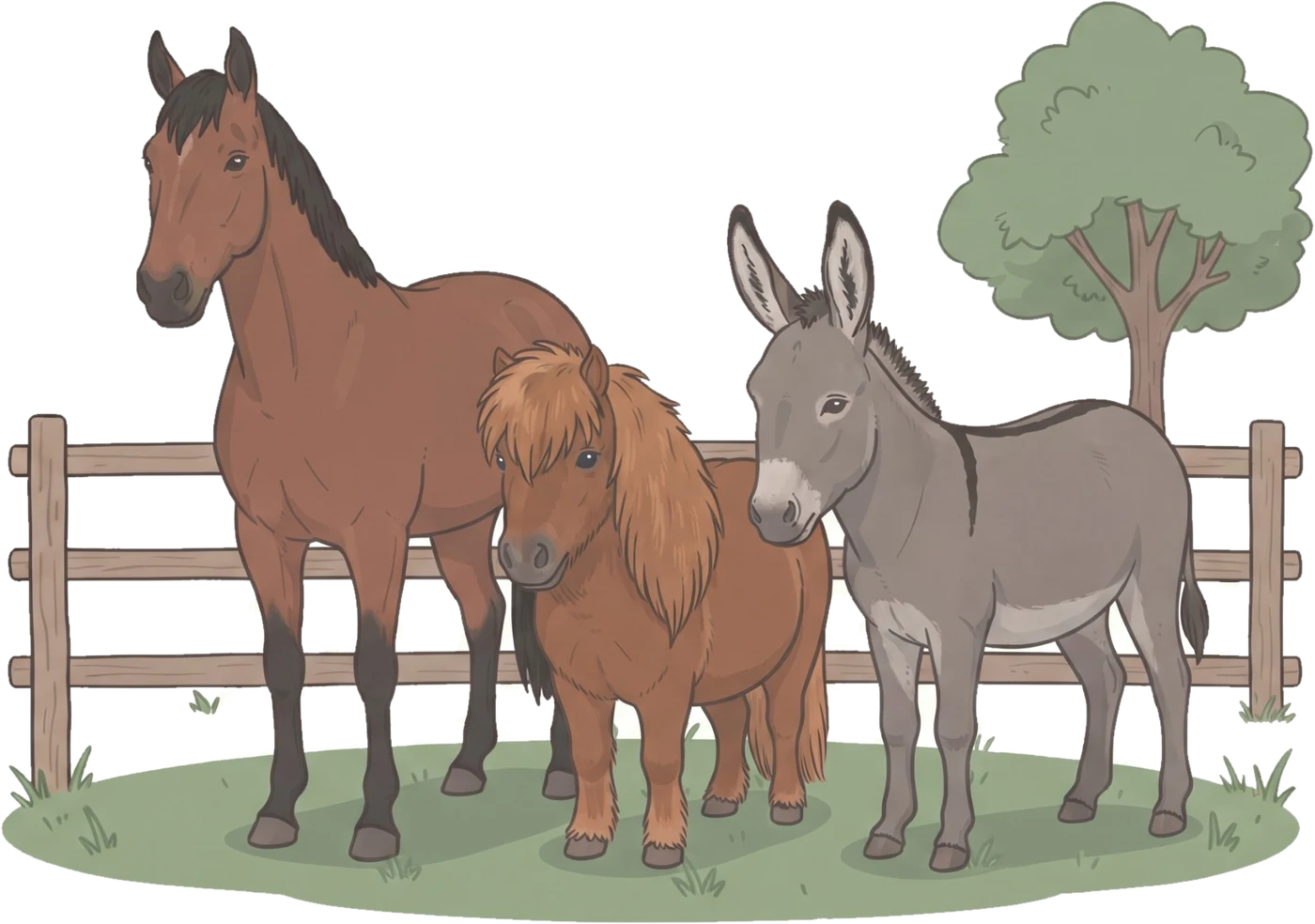 Een paard, een shetlandpony en een ezel samen bij een houten hek