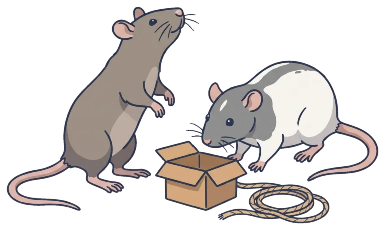 Twee ratten bij een kartonnen doos en een touw, een bruine op zijn achterpoten en een grijs-witte