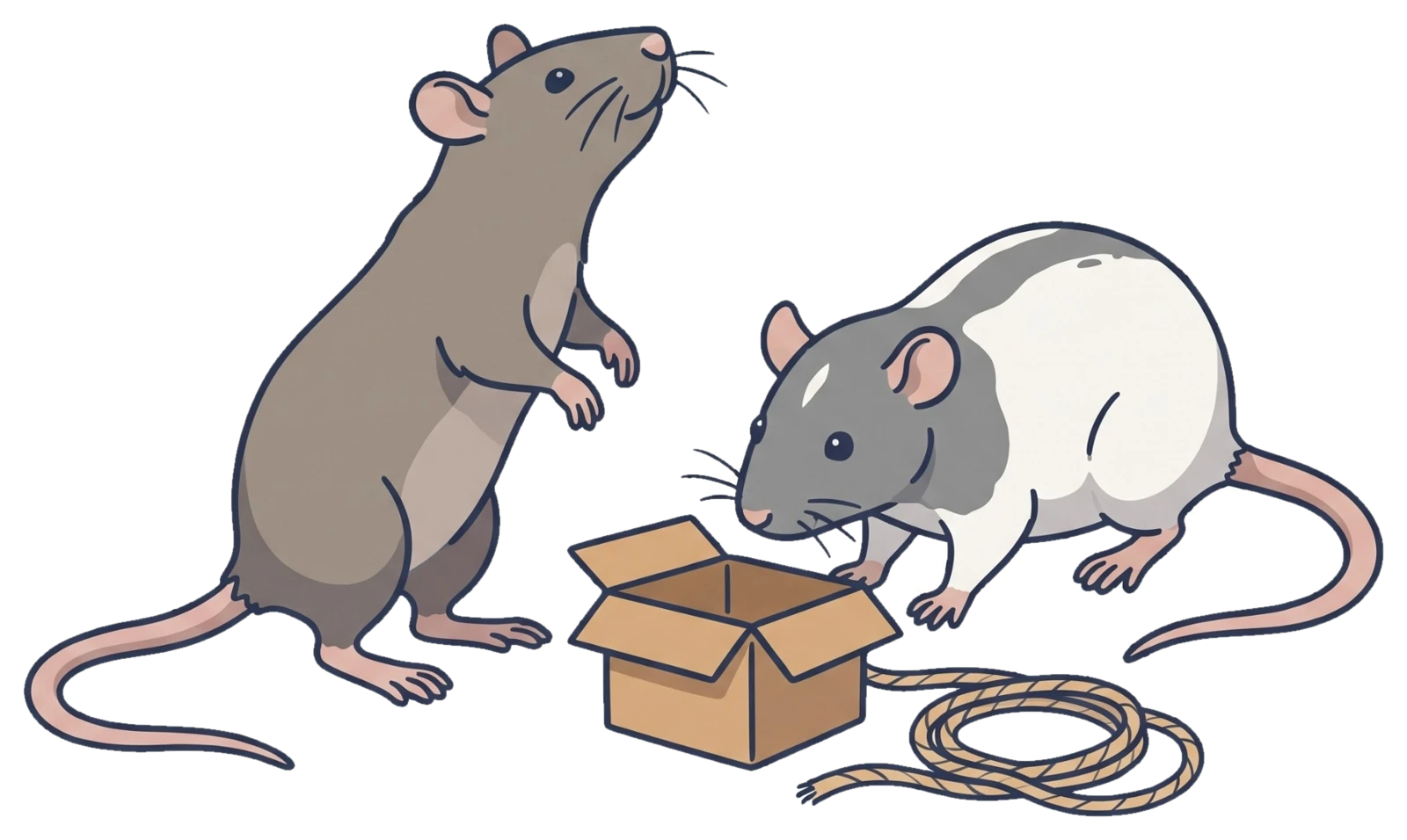 Twee ratten bij een kartonnen doos en een touw, een bruine op zijn achterpoten en een grijs-witte
