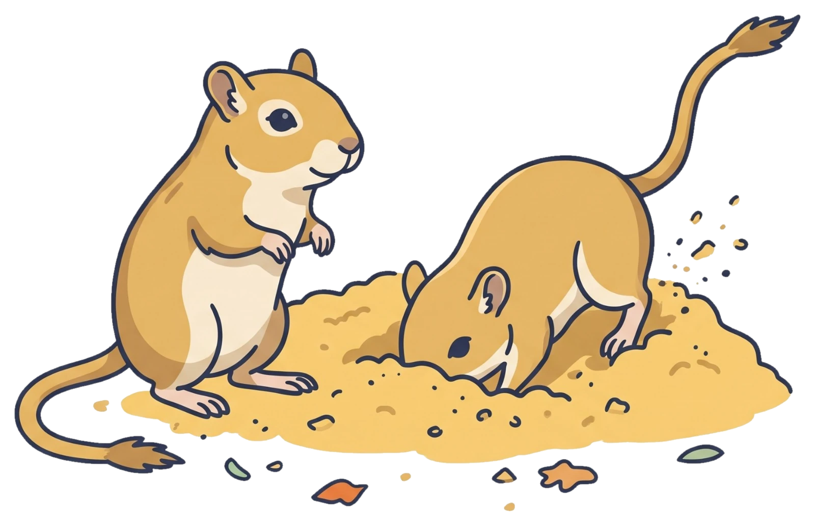 Twee Mongoolse gerbils: de een staat rechtop, de ander graaft in het zand