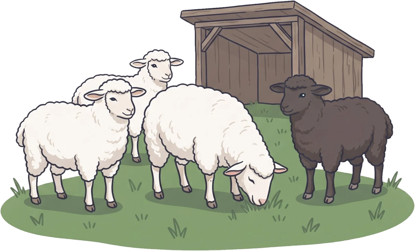 Vier schapen grazen in de wei bij een schuilhok