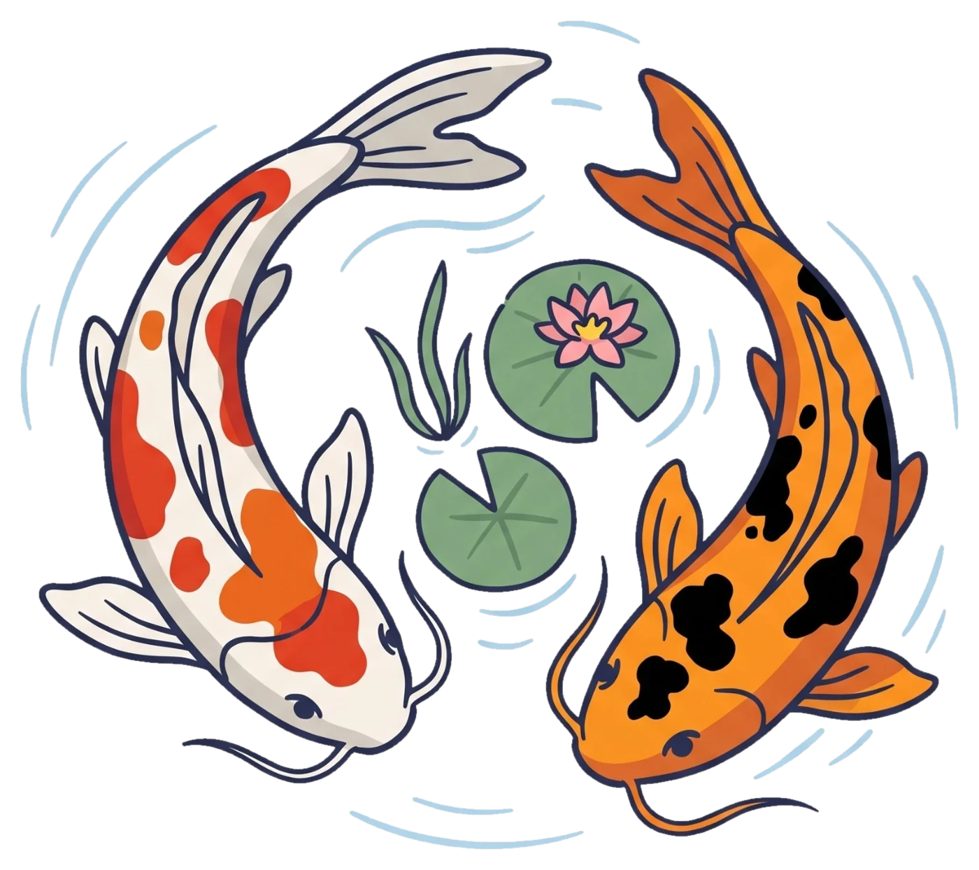 Twee koi tussen waterlelies, van bovenaf gezien